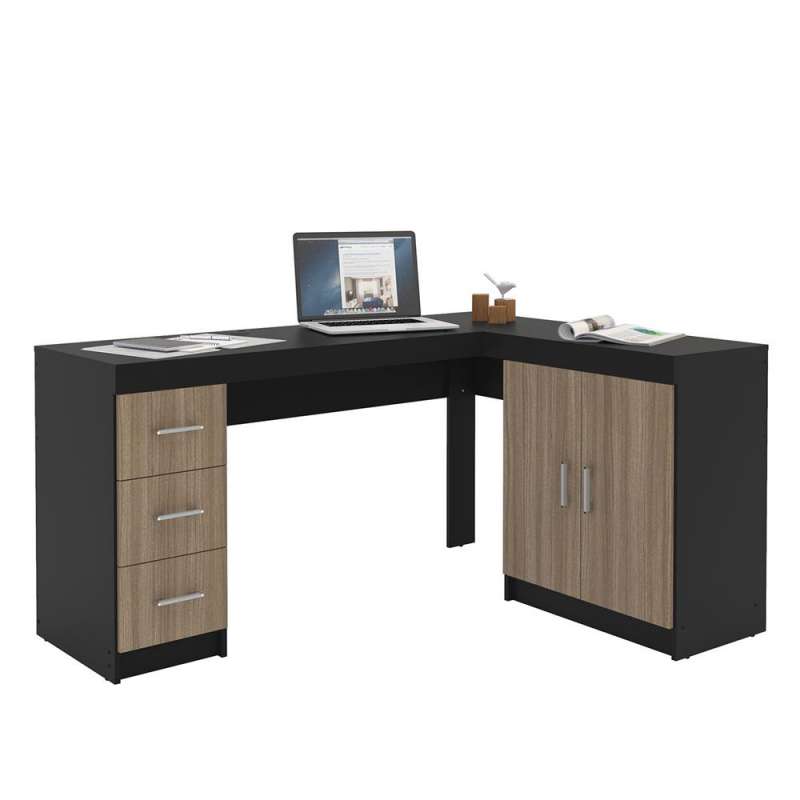 Mesa em L com Gavetas em Madeira Espanha Preto/Castanho Politorno - Preto/Castanho