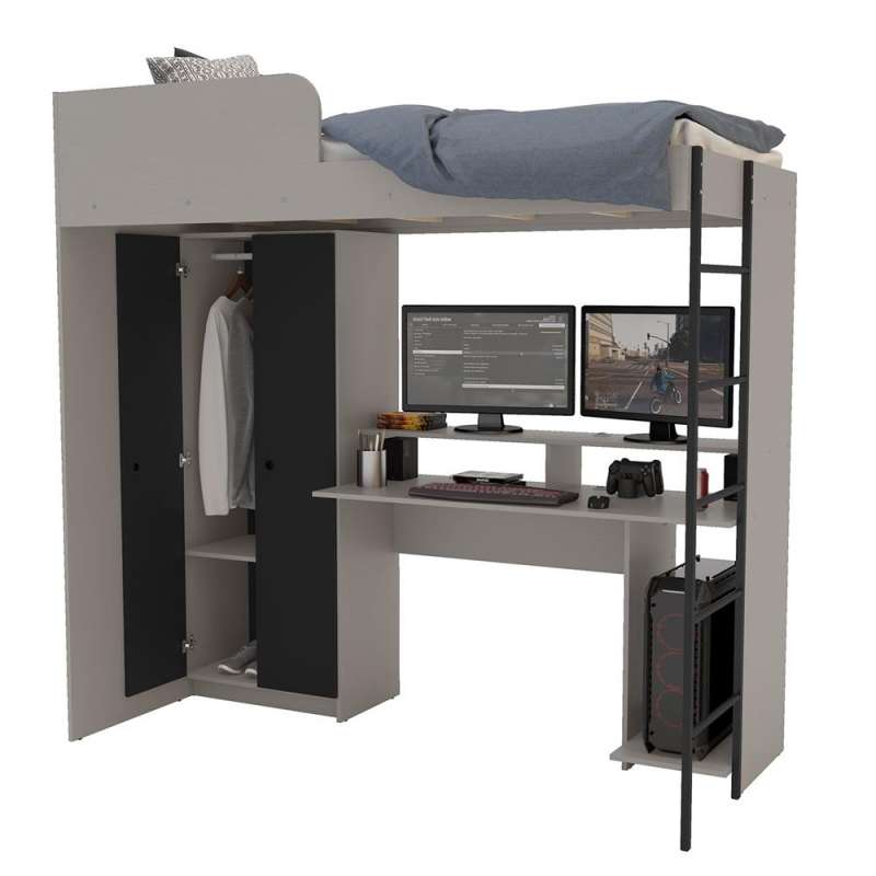 Cama multifuncional com mesa gamer Konza Cinza/Preto Politorno - Preto / Cinza