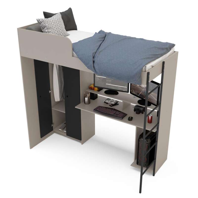 Cama multifuncional com mesa gamer Konza Cinza/Preto Politorno - Preto / Cinza