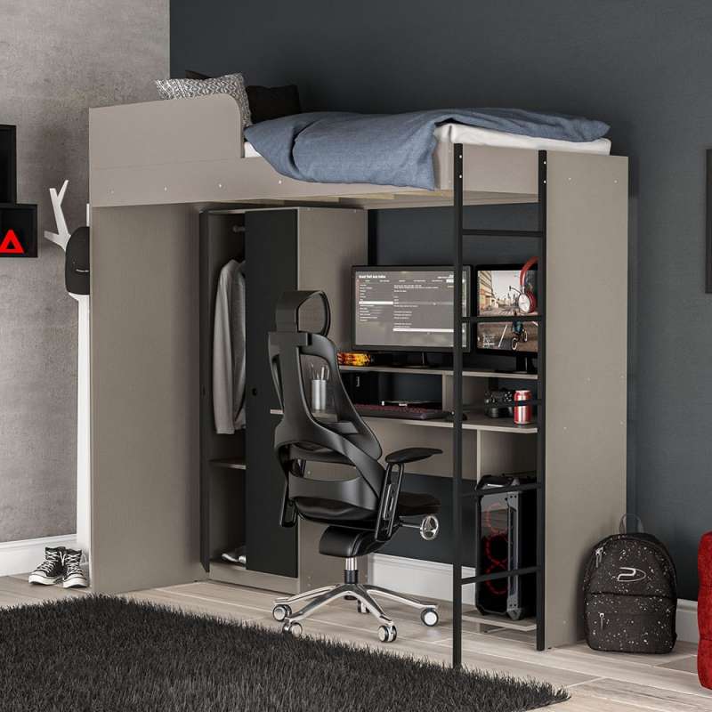 Cama multifuncional com mesa gamer Konza Cinza/Preto Politorno - Preto / Cinza