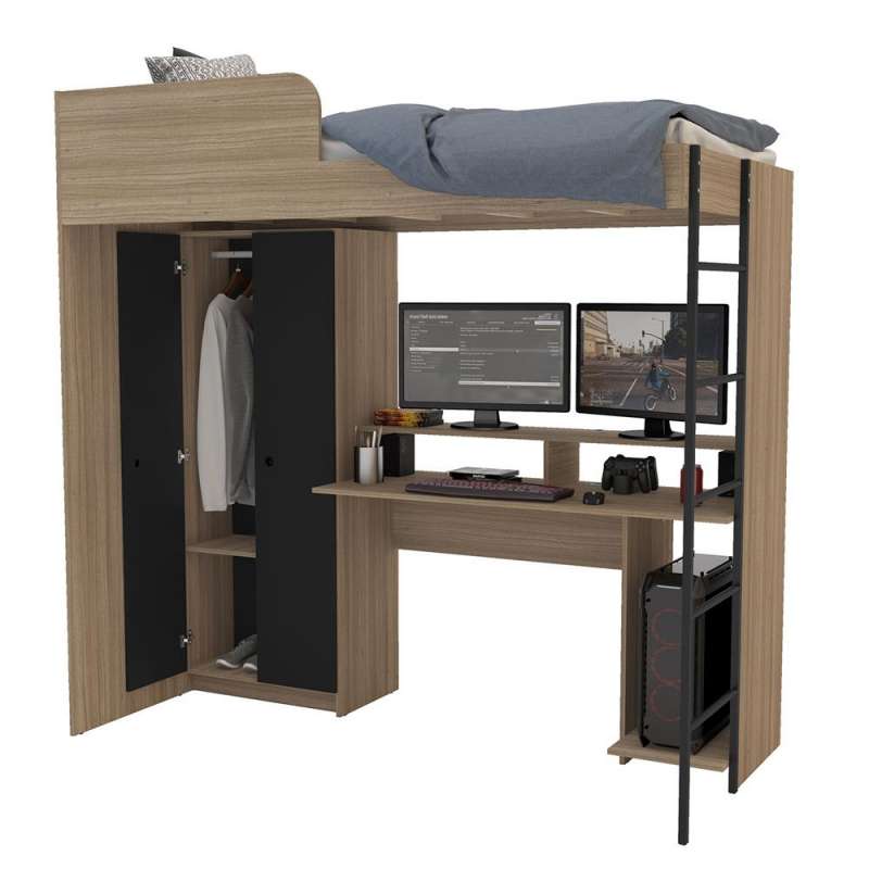 Cama multifuncional com mesa gamer Konza Castanho/Preto Politorno - Preto / Castanho
