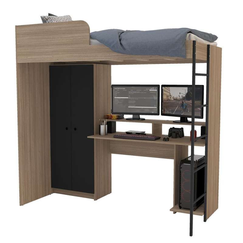 Cama multifuncional com mesa gamer Konza Castanho/Preto Politorno - Preto / Castanho