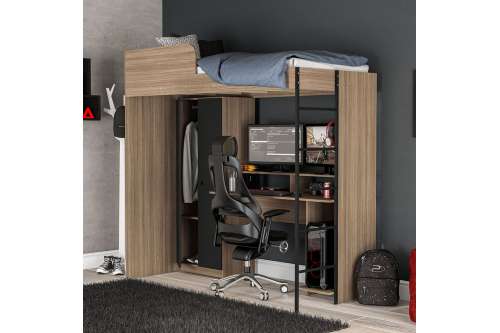 Cama multifuncional com mesa gamer Konza Castanho/Preto Politorno