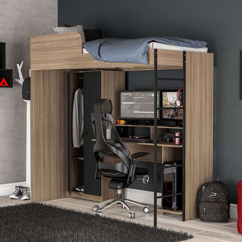 Cama multifuncional com mesa gamer Konza Castanho/Preto Politorno - Preto / Castanho