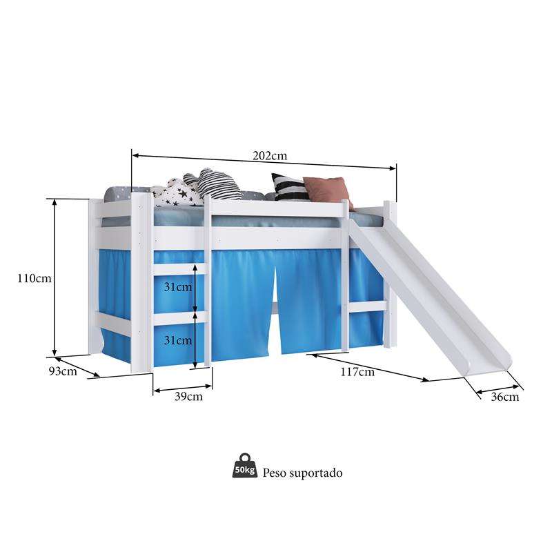 Cama Elevada com Escorregador Branco com Cortina Azul - Azul