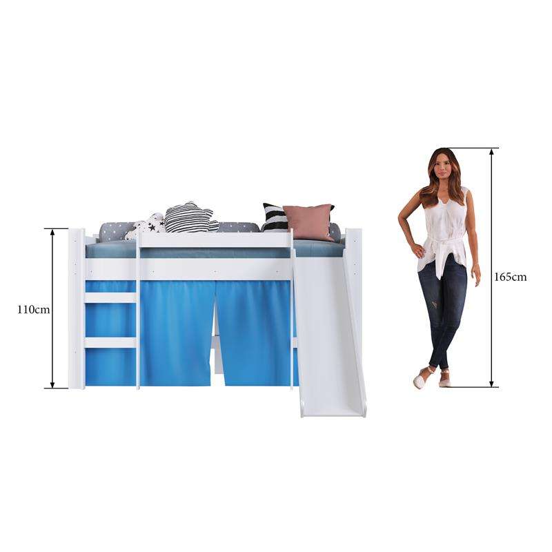 Cama Elevada com Escorregador Branco com Cortina Azul - Azul