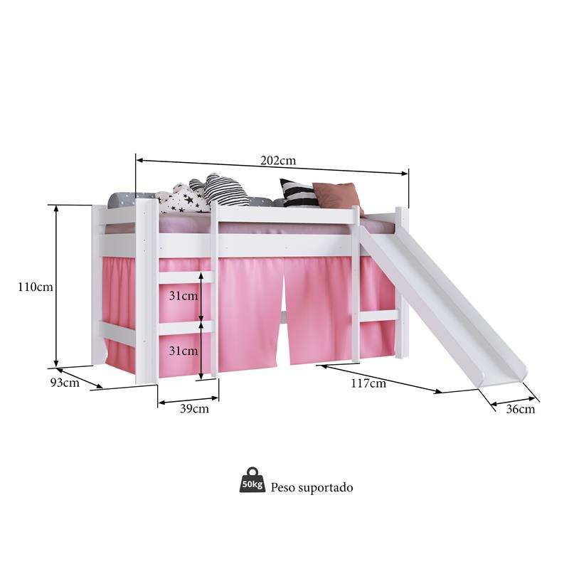 Cama Elevada com Escorregador Branco com Cortina Rosa - Rosa