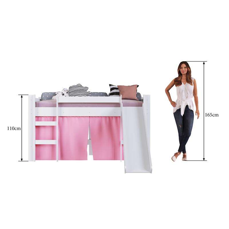 Cama Elevada com Escorregador Branco com Cortina Rosa - Rosa