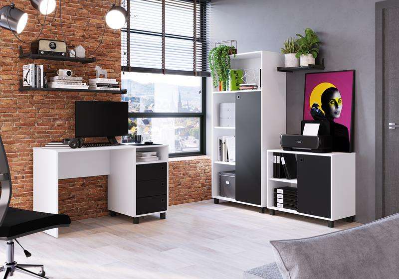 Balcão Escritório Indiana 1 porta 2 nichos Branco e Preto - Branco e Preto