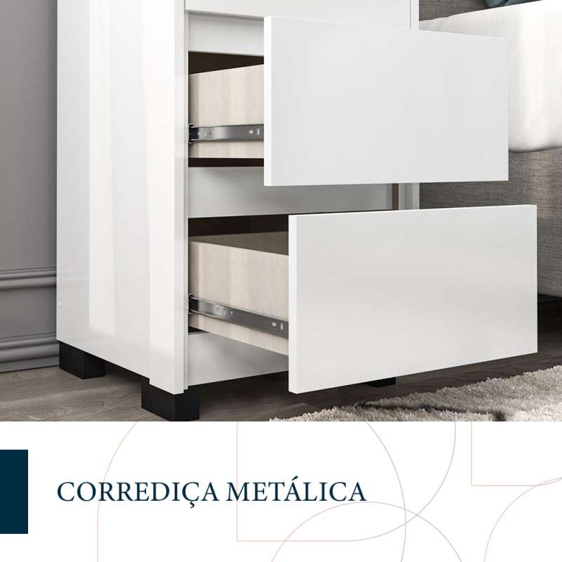 Mesa de Cabeceira Coimbra 3 Gavetas Branco Politorno - Branco