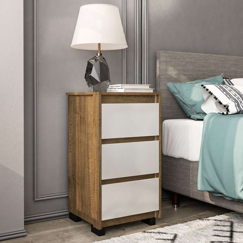 Mesa de Cabeceira Coimbra 3 Gavetas Freijó/Branco Politorno - Freijó/Branco