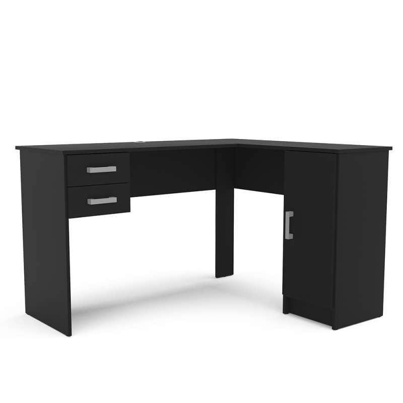 Mesa em L com 2 Gavetas e Armário Barcelona Preta Politorno - Preto