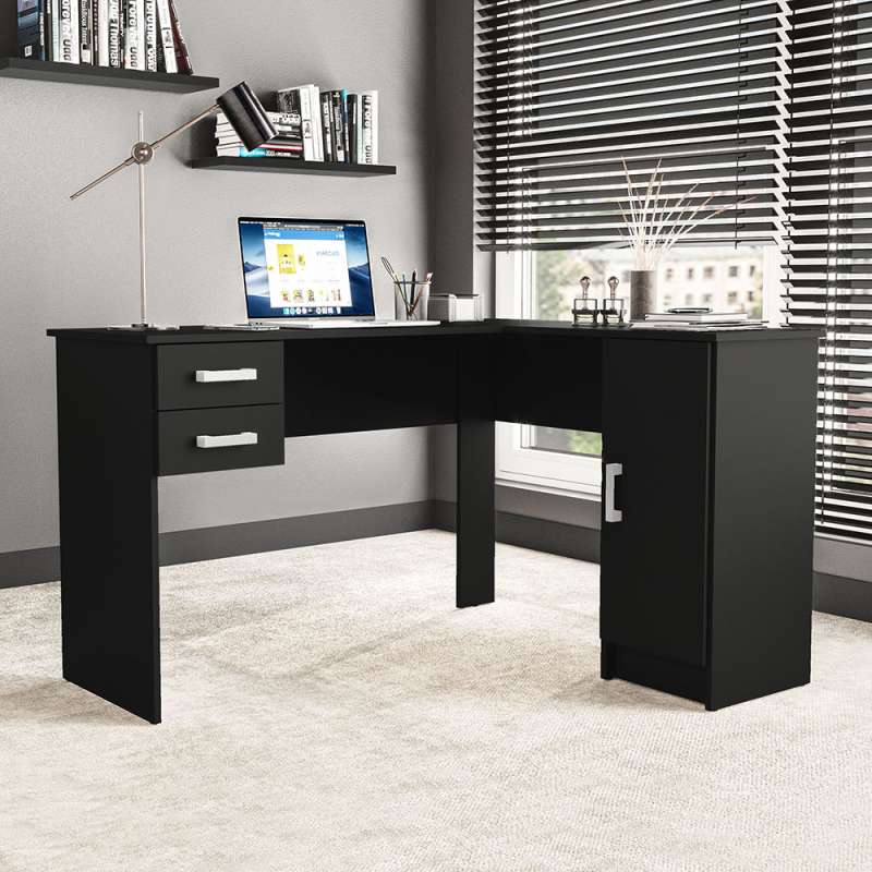 Mesa em L com 2 Gavetas e Armário Barcelona Preta Politorno - Preto