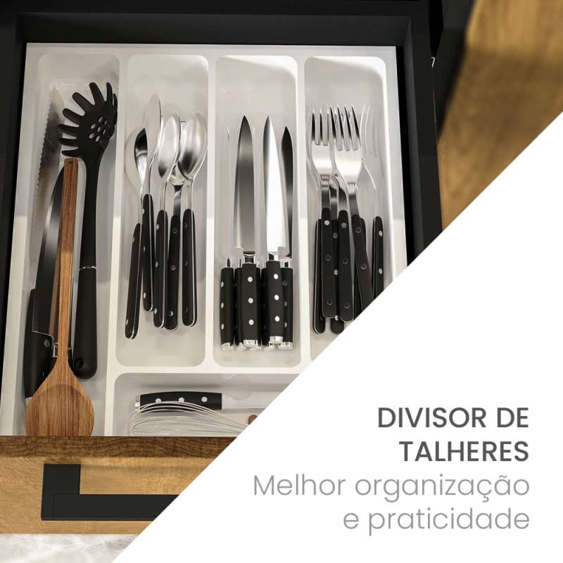 Balcão de Cozinha 2 Portas e 3 Gavetas Menu Kitchen Canelone Preto e Alamo Politorno - Preto / Alamo