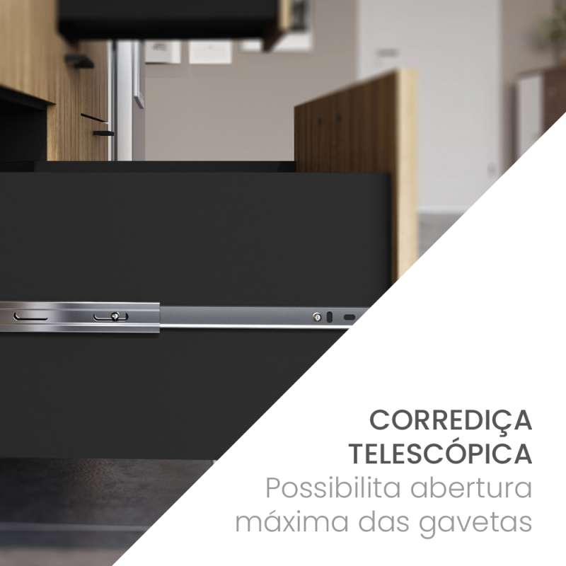 Balcão 1 Porta Basculante 4 Gavetas 1200mm s/tampo Menu Kitchen Raviolli Politorno - Preto / Lâmina Mel