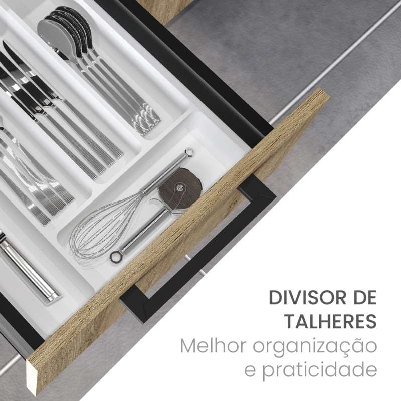 Balcão 1 Porta Basculante 4 Gavetas 1200mm s/tampo Menu Kitchen Raviolli Politorno - Preto / Lâmina Mel