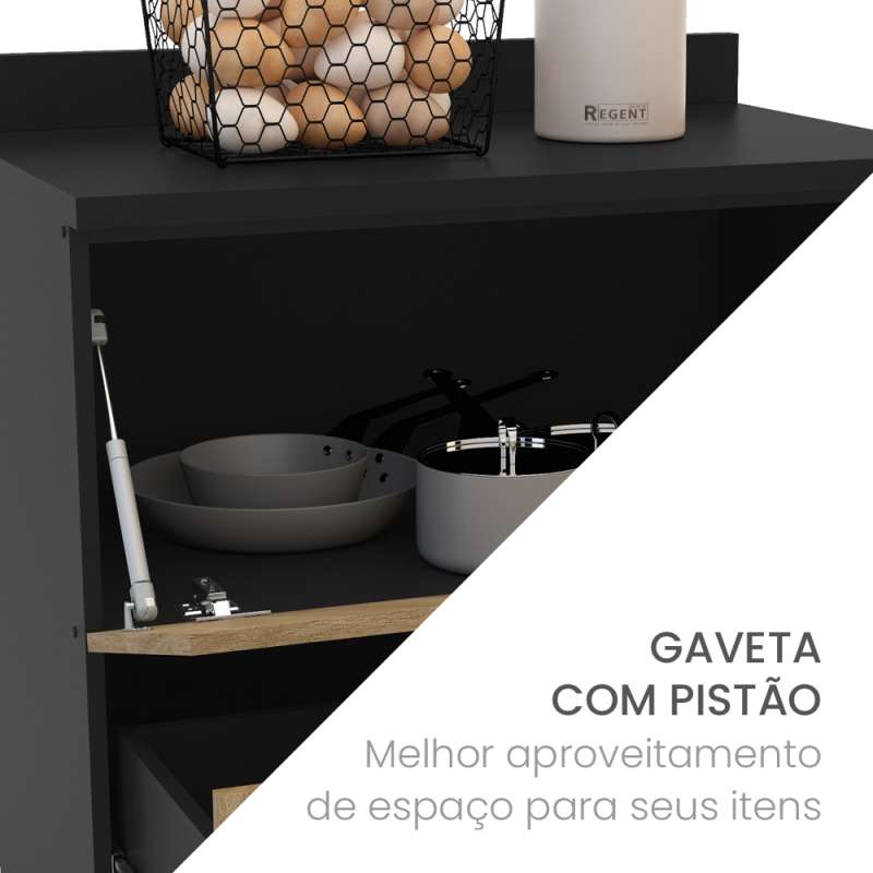 Balcão 1 Porta Basculante 4 Gavetas 1200mm s/tampo Menu Kitchen Raviolli Politorno - Preto / Lâmina Mel