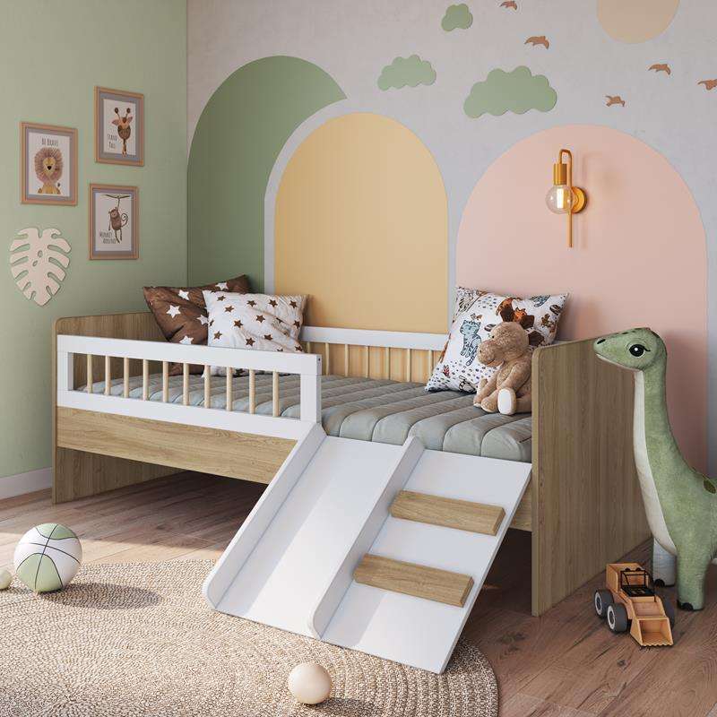 Cama Montessoriana com Escada e Escorrega Aveiro com Branco Completa Móveis - Aveiro/Oak