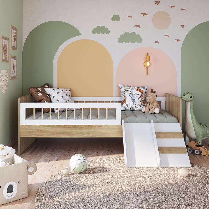 Cama Montessoriana com Escada e Escorrega Aveiro com Branco Completa Móveis - Aveiro/Oak