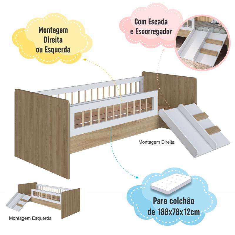 Cama Montessoriana com Escada e Escorrega Aveiro com Branco Completa Móveis - Aveiro/Oak