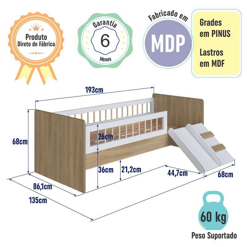 Cama Montessoriana com Escada e Escorrega Aveiro com Branco Completa Móveis - Aveiro/Oak