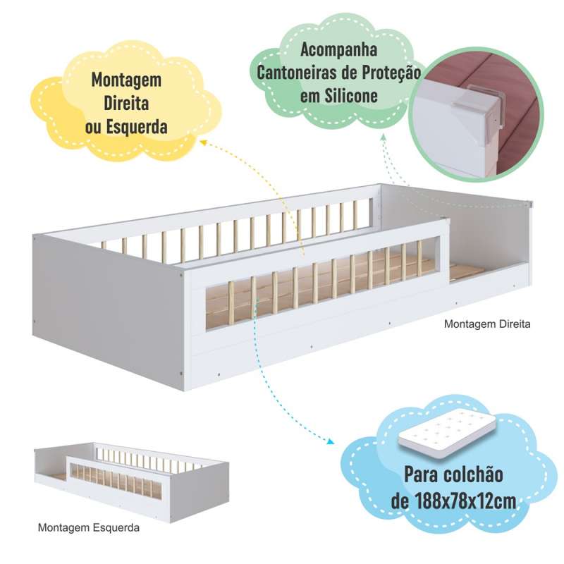 Cama Montessoriana Solteiro Affetto Branco Completa Móveis - Branco