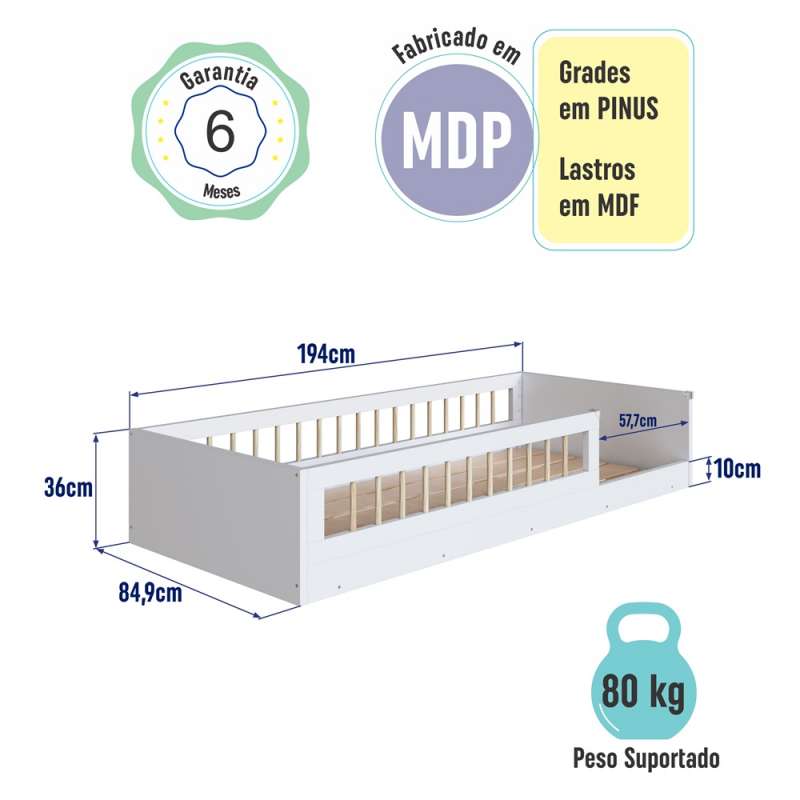 Cama Montessoriana Solteiro Affetto Branco Completa Móveis - Branco