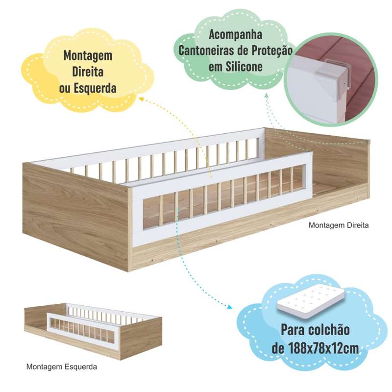 Cama Montessoriana Solteiro Affetto Aveiro OAK Branco Completa Móveis - AveiroOak/Branco