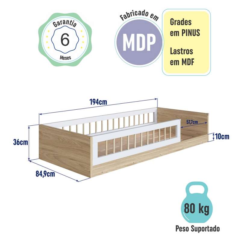 Cama Montessoriana Solteiro Affetto Aveiro OAK Branco Completa Móveis - AveiroOak/Branco