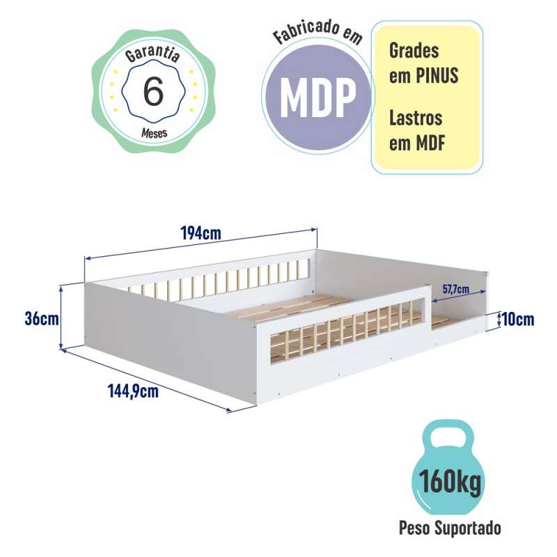 Cama Montessoriana de Casal Affetto Branco Completa Móveis - Branco