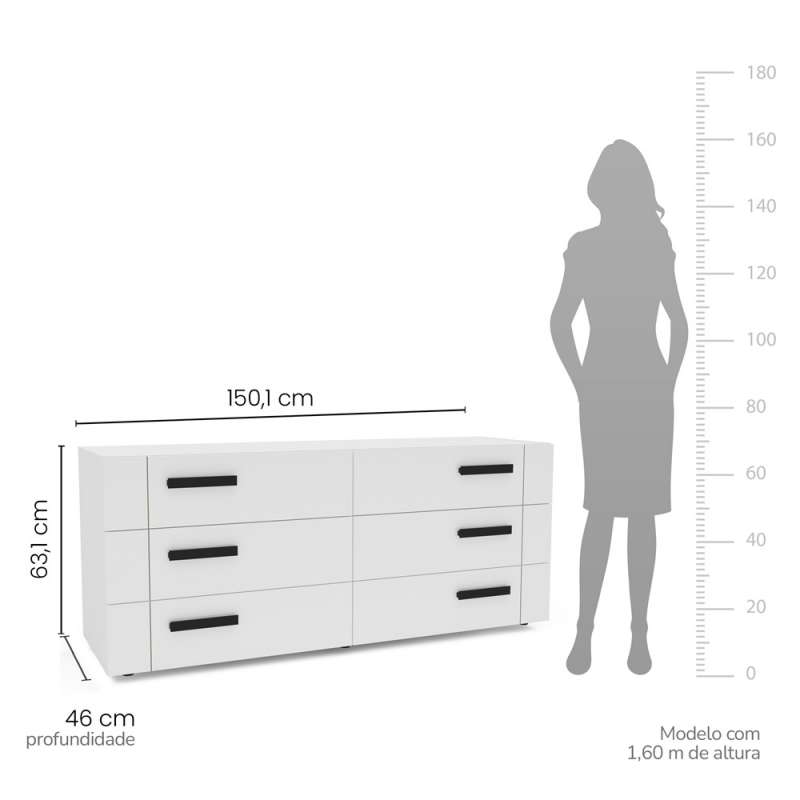 Cômoda com 6 Gavetas Lisboa Branco Politorno - Branco