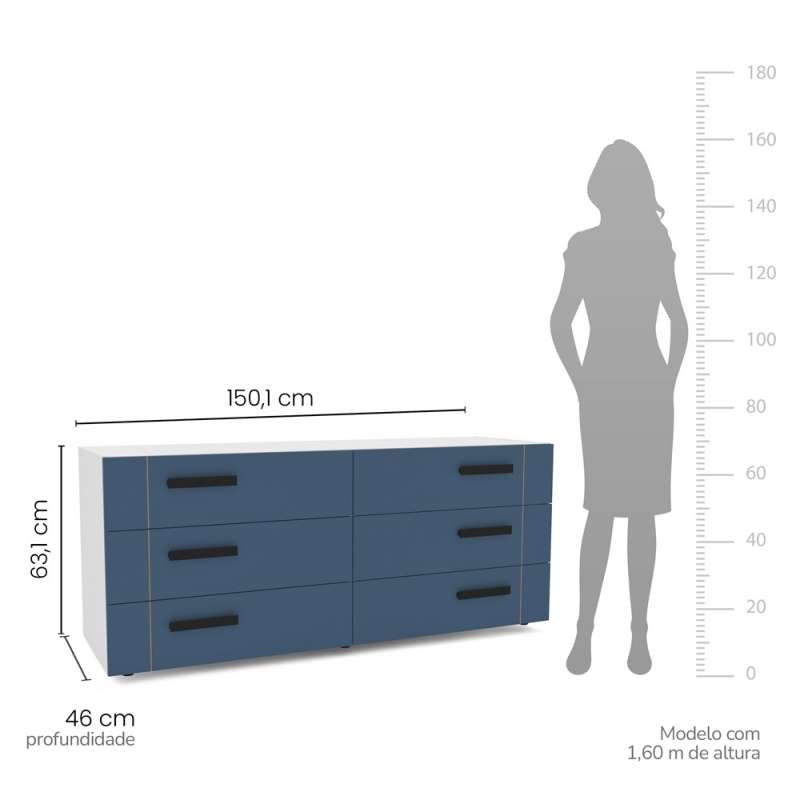Cômoda com 6 Gavetas Lisboa Branca com Azul Politorno - Branco-Azul
