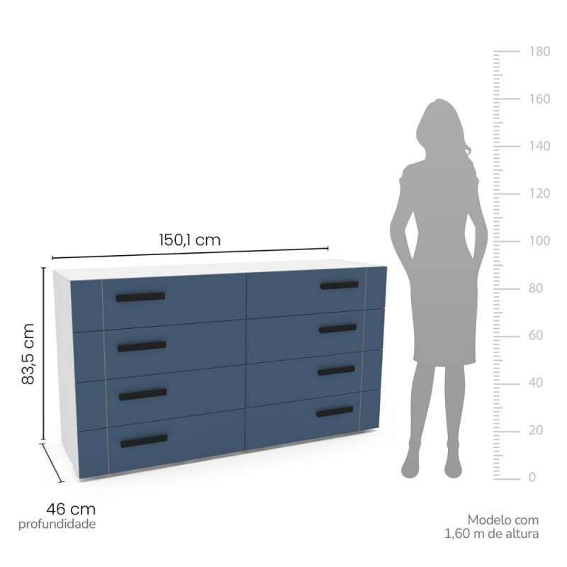 Cômoda com 8 Gavetas Lisboa Branca com Azul Politorno - Branco-Azul