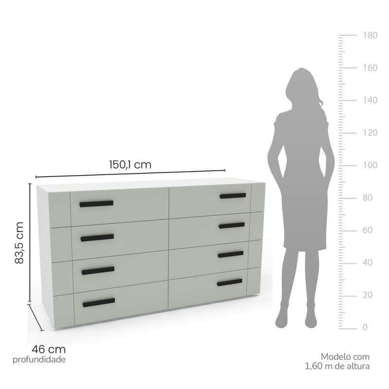 Cômoda com 8 Gavetas Lisboa Branca e Verde Oliva Politorno - Branco-Verde