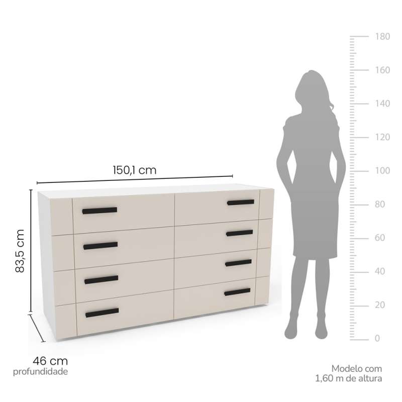 Cômoda com 8 Gavetas Lisboa Branca com Creme Politorno - Branco-Creme