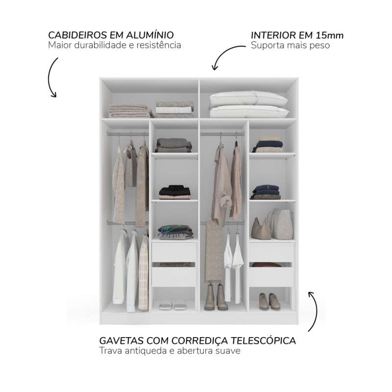 Roupeiro de 4 Portas e 4 Gavetas Lisboa Branco e Azul Politorno - Branco-Azul