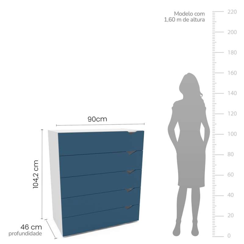 C&ocirc;moda 5 Gavetas Branca e Azul Porto Politorno - Branco e Azul