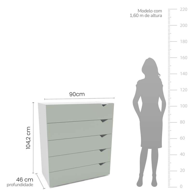 C&ocirc;moda 5 Gavetas Branca e Verde Porto Politorno - Branco e Verde
