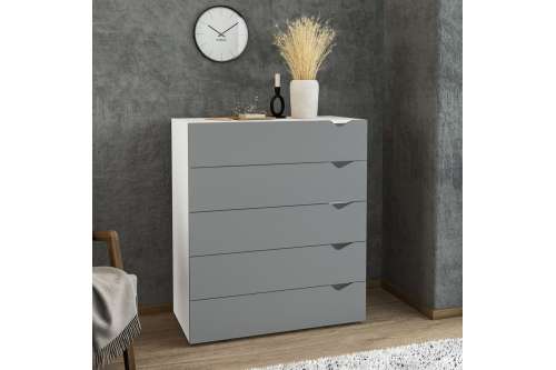 C&ocirc;moda 5 Gavetas Branca e Cinza Porto Politorno