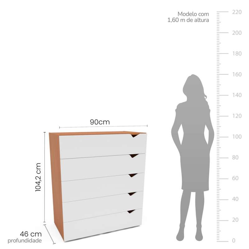 C&ocirc;moda 5 Gavetas Freij&oacute; e Branca Porto Politorno - Freij&oacute; e Branco