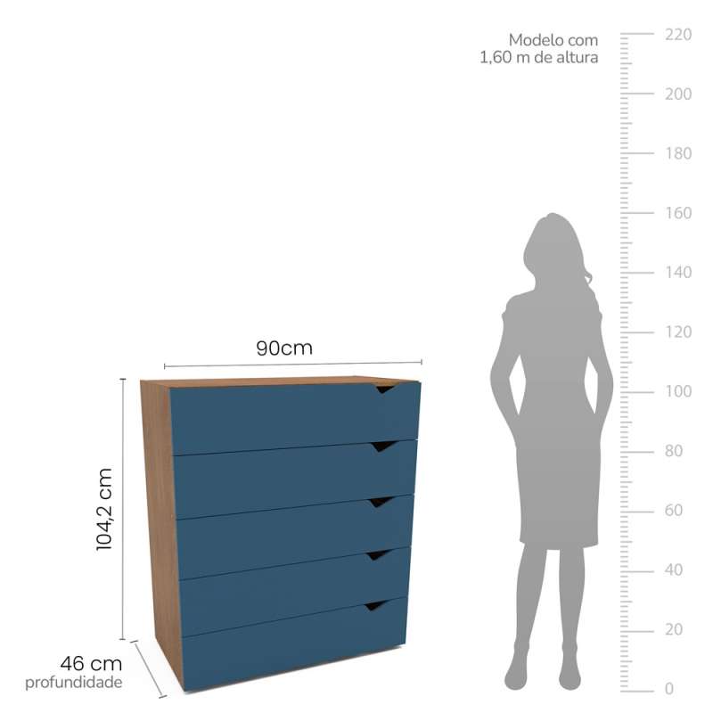 C&ocirc;moda 5 Gavetas Freij&oacute; e Azul Porto Politorno - Freij&oacute; e Azul