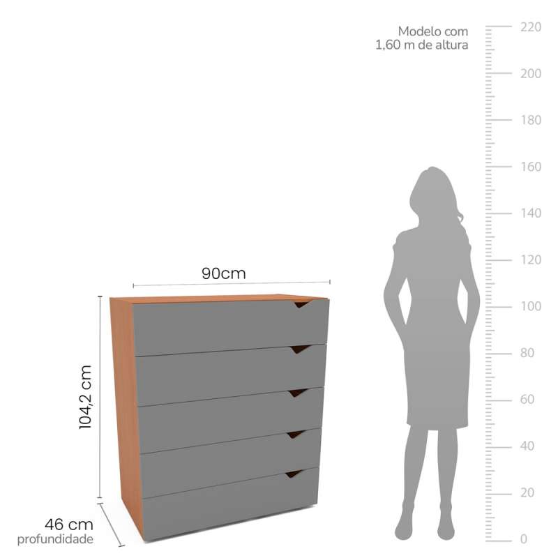 C&ocirc;moda 5 Gavetas Freij&oacute; e Cinza Porto Politorno - Freij&oacute; e Cinza