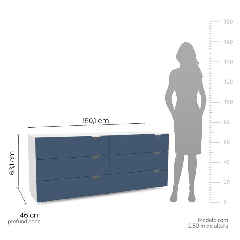 C&ocirc;moda 6 Gavetas Branca e Azul Porto Politorno - Branco e Azul