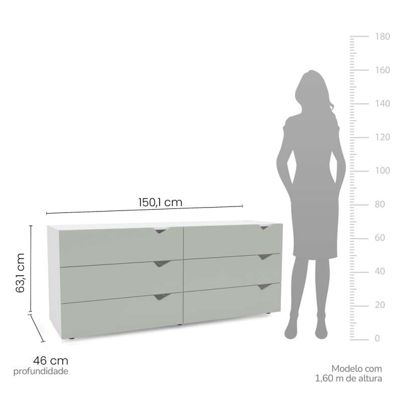 C&ocirc;moda 6 Gavetas Branca e Verde Porto Politorno - Branco e Verde
