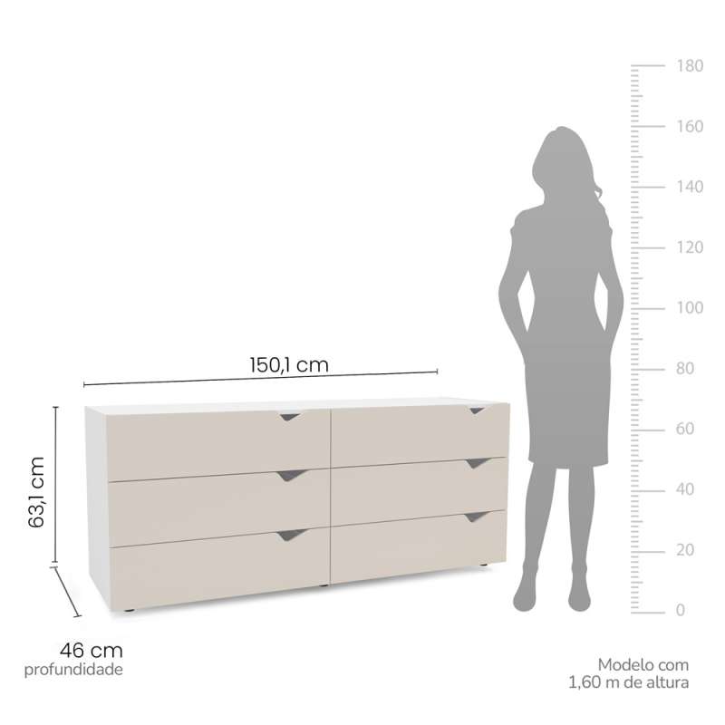 C&ocirc;moda 6 Gavetas Branca e Creme Porto Politorno - Branco e Creme