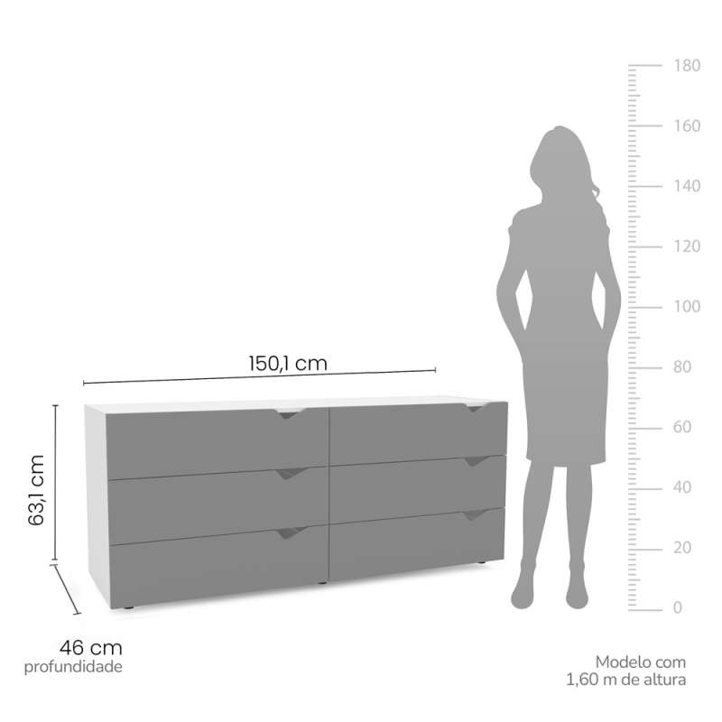 C&ocirc;moda 6 Gavetas Branca e Cinza Porto Politorno - Branco e Cinza