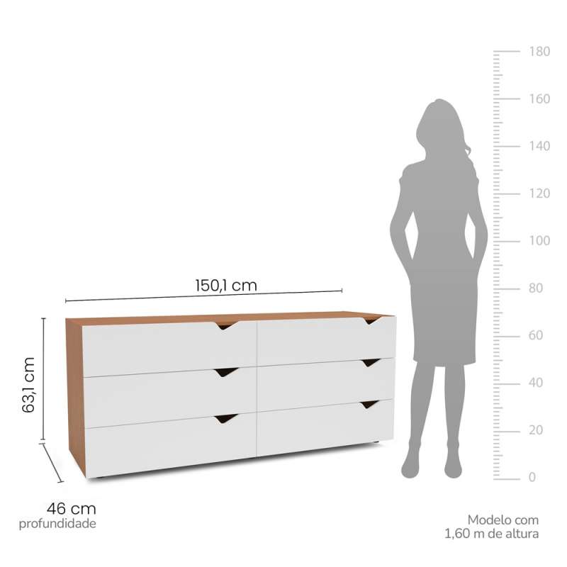 C&ocirc;moda 6 Gavetas Freij&oacute; e Branco Porto Politorno - Freij&oacute; e Branco