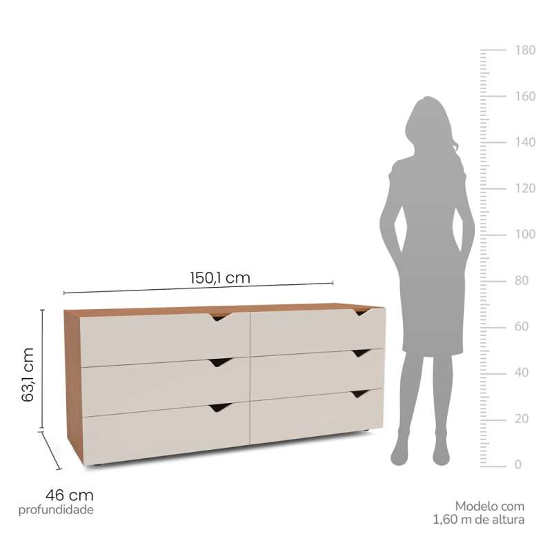 C&ocirc;moda 6 Gavetas Freij&oacute; e Creme Porto Politorno - Freij&oacute; e Creme