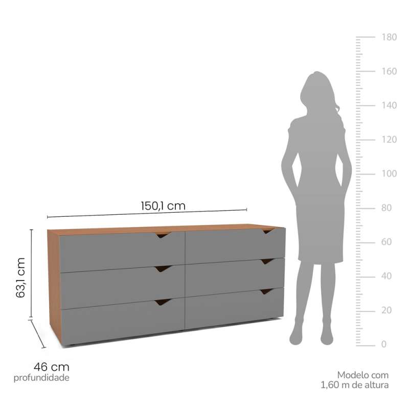 C&ocirc;moda 6 Gavetas Freij&oacute; e Cinza Porto Politorno - Freij&oacute; e Cinza