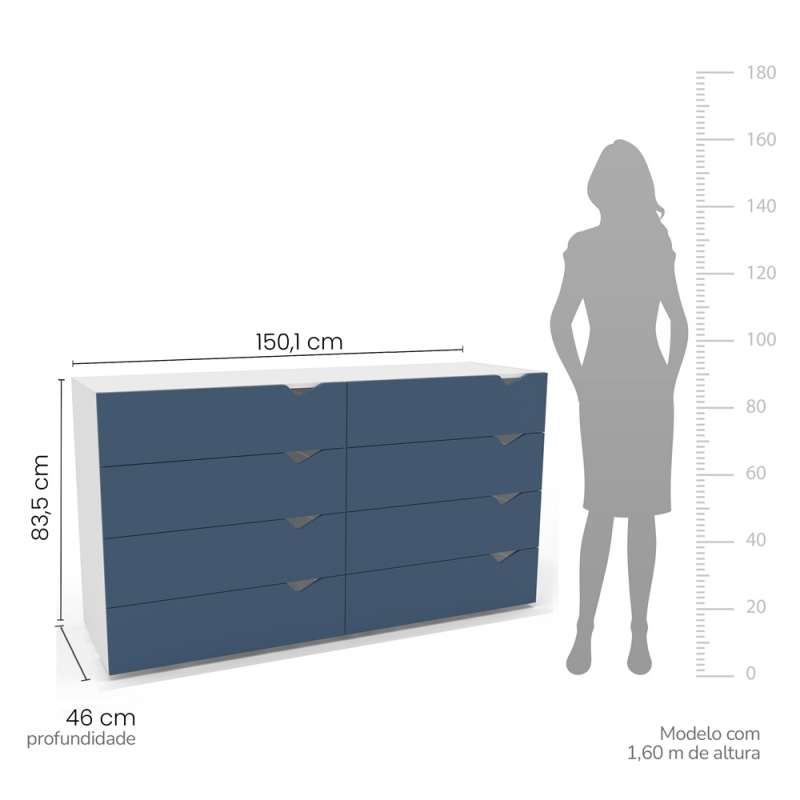 C&ocirc;moda 8 Gavetas Branca e Azul Porto Politorno - Branco e Azul